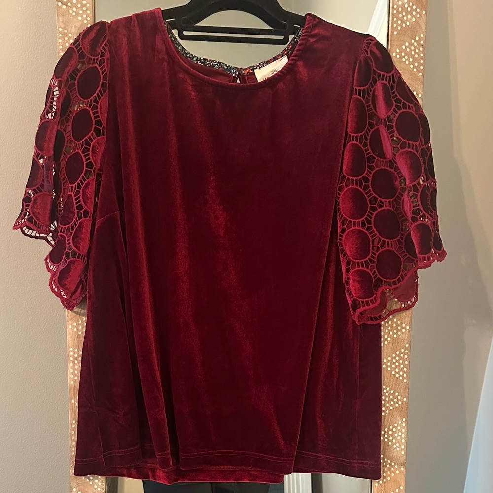 Burgundy Velvet Blouse with Lace Sleeves